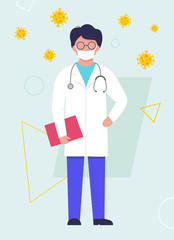 Doctor wearing a medical mask. Coronavirus outbreak concept. Vector illustration in flat style. Health protection.