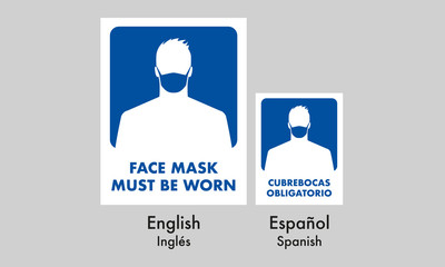 face mask must be worn signage, for casual (normal) places, mandatory sign, in two idioms spanish and english