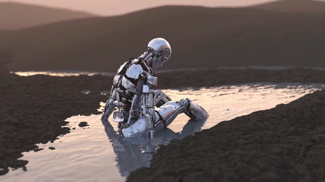 abandoned robot sitting in a puddle