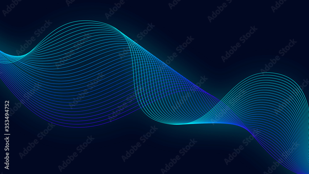 Poster Abstract background with wave. Flowing colorful dynamic lighting blue lines. Vector illustration.