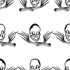Seamless vector background of outlines human skulls and hands bones