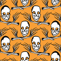 Seamless vector background of outlines human skulls and hands bones