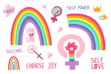 LGBTQ+ and Feminism related symbols set in rainbow colors: Heart, Peace, Rainbow, Love, Venus Mirror