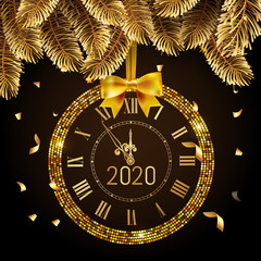 Vector 2020 shiny New Year Golden Clock or watch in black background with golden fir tree branch and ribbon with confetti. Vintage elegant luxury gold clock midnight New Year. Vector illustration.