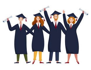 Happy graduate students in academic dresses and graduation caps with diplomas. Boys and girls celebrating university graduation. Graduate vector concept. Young successful student Congratulation banner