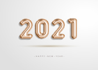 Realistic 2021 gold rose foil balloon flying in the air isolated on white background. Concept design for christmas and new year decorate element or banner, poster, greeting card in  illustration