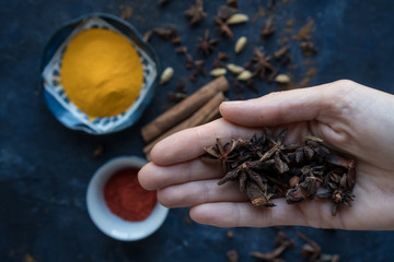 Women hand holding cloves for making a chai tea. There are cinnamon, cardamom, turmeric, chili powder on a blue background