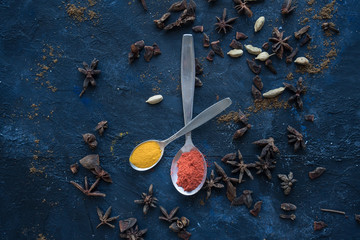 Spices to prepare a chai tea. Two spoons with chili powder and turmeric surrounded by cloves, anise and cardamom on blue background with natural lighting