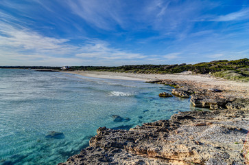 PALMA DE MALLORCA, SPAIN - MAY 3 2020 : Beach of Ses Covetes  at  - Mallorca during Corona Lock down  on May 3, 2020 in Palma de Mallorca, .