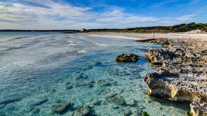 PALMA DE MALLORCA, SPAIN - MAY 3 2020 : Beach of Ses Covetes  at  - Mallorca during Corona Lock down  on May 3, 2020 in Palma de Mallorca, .