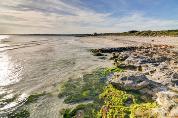 PALMA DE MALLORCA, SPAIN - MAY 3 2020 : Beach of Ses Covetes  at  - Mallorca during Corona Lock down  on May 3, 2020 in Palma de Mallorca, .