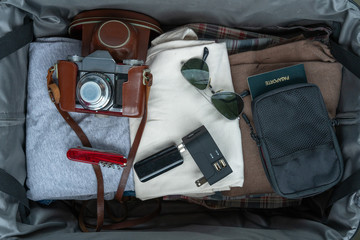 Bag with things to carry for vacation, photography trip