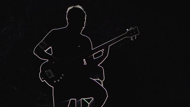 Outline sketch of man musician with bass guitar sitting on a high chair. Silhouettet isolated on a black background