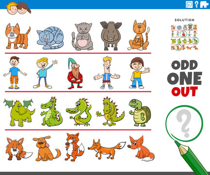 odd one out picture game with funny characters