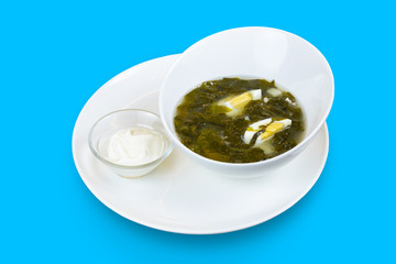 Sorrel soup with egg and sour cream isolated on blue background