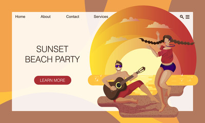 Sea and sandy beach on sunset. Young guy guitar player playing guitar for a dancing girl. Concept of website, landing page