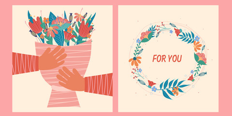Set of cute cards with flowers. Vector illustration.
