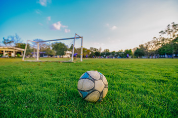 A white, blue football ball placed on a green lawn.soccer ball on a green grass.