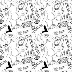 Cute scissors needles, mannequin, sewing on a white background.Doodle contour seamless square pattern. Print for fabrics, cards, textiles, wrapping paper, banners, packaging, covers, wallpapers