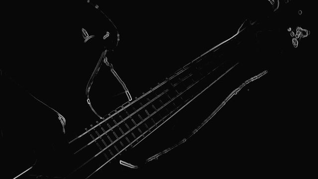Outline sketch of musician playing at bass guitar isolated on a black background. Close up