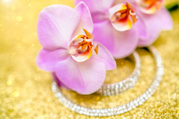 Fototapeta na wymiar Bracelet and necklace on a gold shiny background