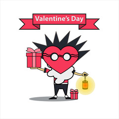 vector cartoon illustration of a man carrying a gift and a lantern. vector illustration of valentines day. cartoon vector illustration