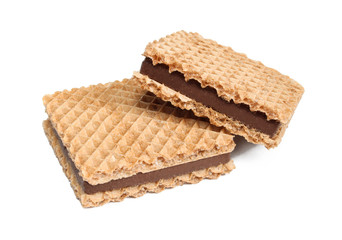 Two chocolate wafers isolated on white background.Cocoa filled sendwich dessert