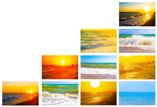 Collage seascapes. Banner sea. Sea summer landscapes. An article about summer vacation at sea. Quarantine resorts are closed. Refund due to pandemic. Several types of beach in the pink time of day