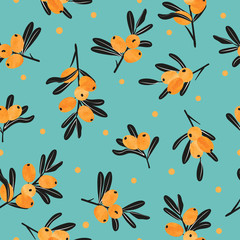 Seamless sea buckthorn  pattern. Vector illustration of orange berries and black leaves.