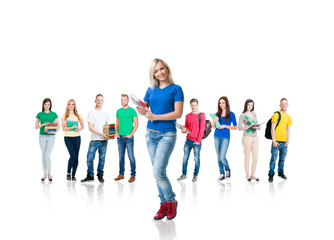 Fototapeta premium Large group of teenage students isolated on white background. Many different people standing together. School, education, college, university.