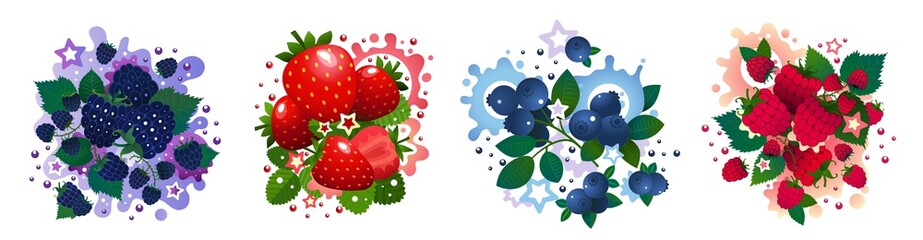 Set of fresh berries with strawberries, raspberries, blueberries and blackberries.