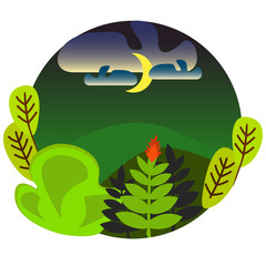 Fern flat style illustration of the magic night in midsummer when the fern blooms once a year, the summer solstice Slavic holiday image, green leaves illustration, middle summer night atmosphere