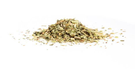 Pile of dried herbs isolated on white background. Oregano seasoning for pizza