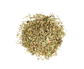 Pile of dried herbs isolated on white background. Oregano seasoning for pizza