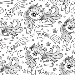 Seamless pattern, cute graphic unicorn in the sky with a star. Fantasy art drawn in line art style. Vector © Zerlina