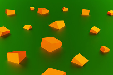 Fototapeta na wymiar Chaotic orange cubes on the abstract green background. rendered in 3d