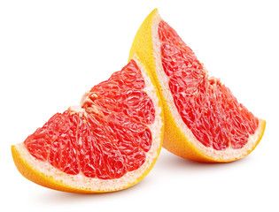 Two slices of grapefruit citrus fruit isolated on white background with clipping path. Full depth of field.