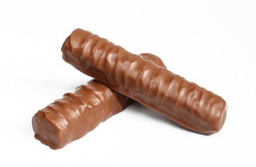 Two biscuit sticks isolated on white background. Delicious chocolate fingers