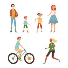 Outdoors Spending Time Concept. Group Of People Relaxing In The Park Or Square. Male And Female Characters Rest, Ride Bicycle, Jogging, Spending Time The Hole Family. Cartoon Flat Vector Illustration