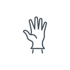 Fototapeta premium prevention of coronavirus infection single line icon isolated on white. Perfect outline symbol Covid 19 pandemic banner. Quality design element rubber medical glove on a man hand with editable Stroke