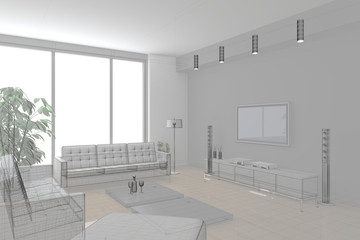 Abstract apartment, wireframe technique, original 3d rendering