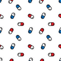 Seamless pattern with lot of pills and capsules. Medicine or dietary supplements. Healthy lifestyle. Alcohol markers style. Doodle. Health and care. Design for clinics, hospitals, pharmacies. Vector