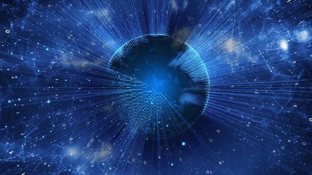 Futuristic digital earth planet with binary data on blue background. 