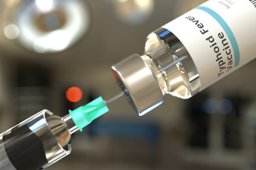 Vial with typhoid fever vaccine and needle of a syringe. 3D rendering