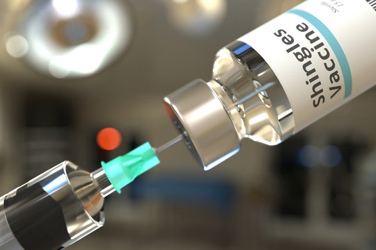 Vial with shingles vaccine and needle of a syringe. 3D rendering