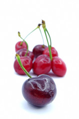 Organic cherries on white background                         