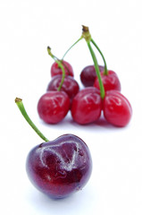 Organic cherries on white background   