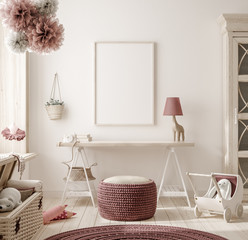 Mock up frame in warm colored girl bedroom, 3D render
