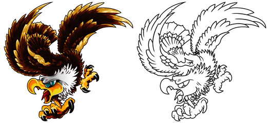 The mascot of a bald bald American eagle soaring with claws and outstretched wings. Optional black outline version for your logo