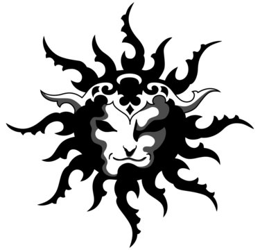 Black and white stylized face in the sun, vector drawing tattoo style